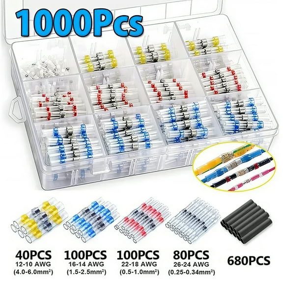 Heat Shrink Solder Seal Wire Connectors Kit 1000PCS, Waterproof Butt Connector Heat Shrink Electrical Terminals, Insulated Solderless Wiring Splice Connectors for Marine Automotive Boat Truck