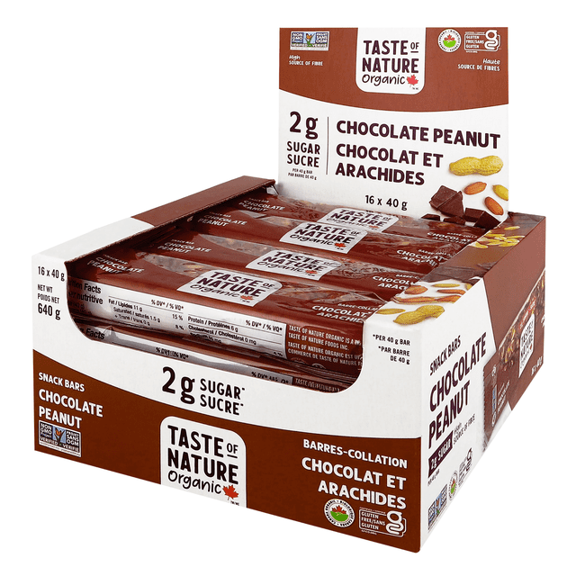 Taste of Nature Organic Chocolate Peanut Snack Bar - Vegan, Gluten-Free, High Fiber, 2g Sugar (16x40g)