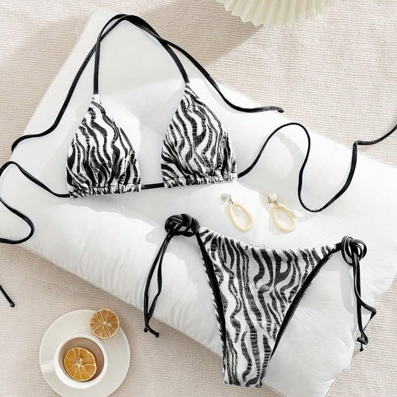 PNTUTB Summer Women's Fashion Print Deep V Neck Tie Back Bikini Two Piece Swimsuit Set
