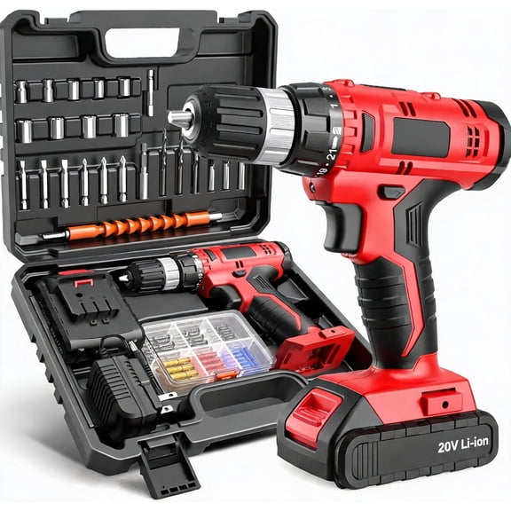 20V Cordless Drill Set with Battery and Charger 30N Torque 21 1 Settings 3 8-Inch Keyless Chuck Driver Bits Kit LED Light Red