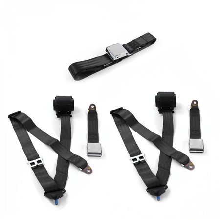 SafeTBoy Airplane 3 Point Black Retractable Bench Seat Belt Kit for Nash Ambassador 1933-1957 - 3 Belts