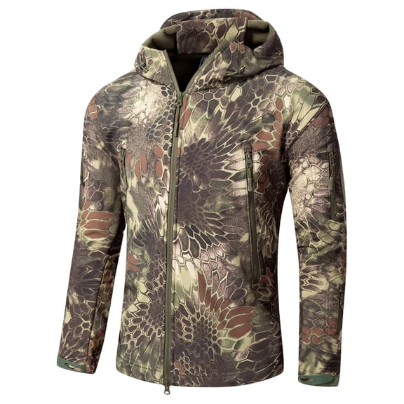 Men Woodland Camo Tactical Softshell Jacket Waterproof Breathable Insulated Coat Zip Up Hooded Pockets Jacket Outdoor Hunting Work