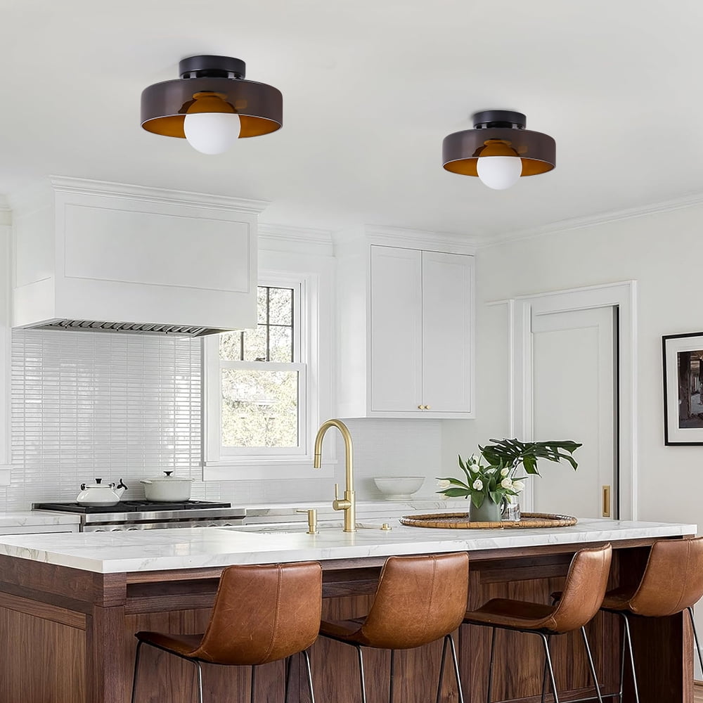 Mid-Century Modern Semi Flush Mount Ceiling Light, Kitchen Ceiling Light Fixture with Glass Shade,Vintage Close to Ceiling Lamp for Entryway Hallway Bathroom