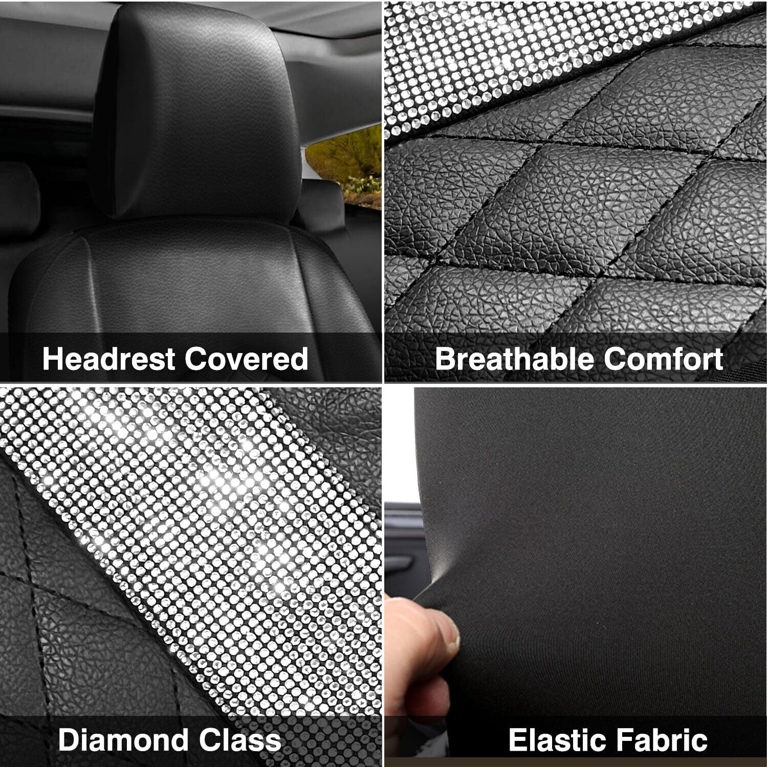 Bling Diamond Car Seat Covers Full Set, Shining Rhinestone Faux Leather Automotive Seat Cushion Universal fits Most Cars