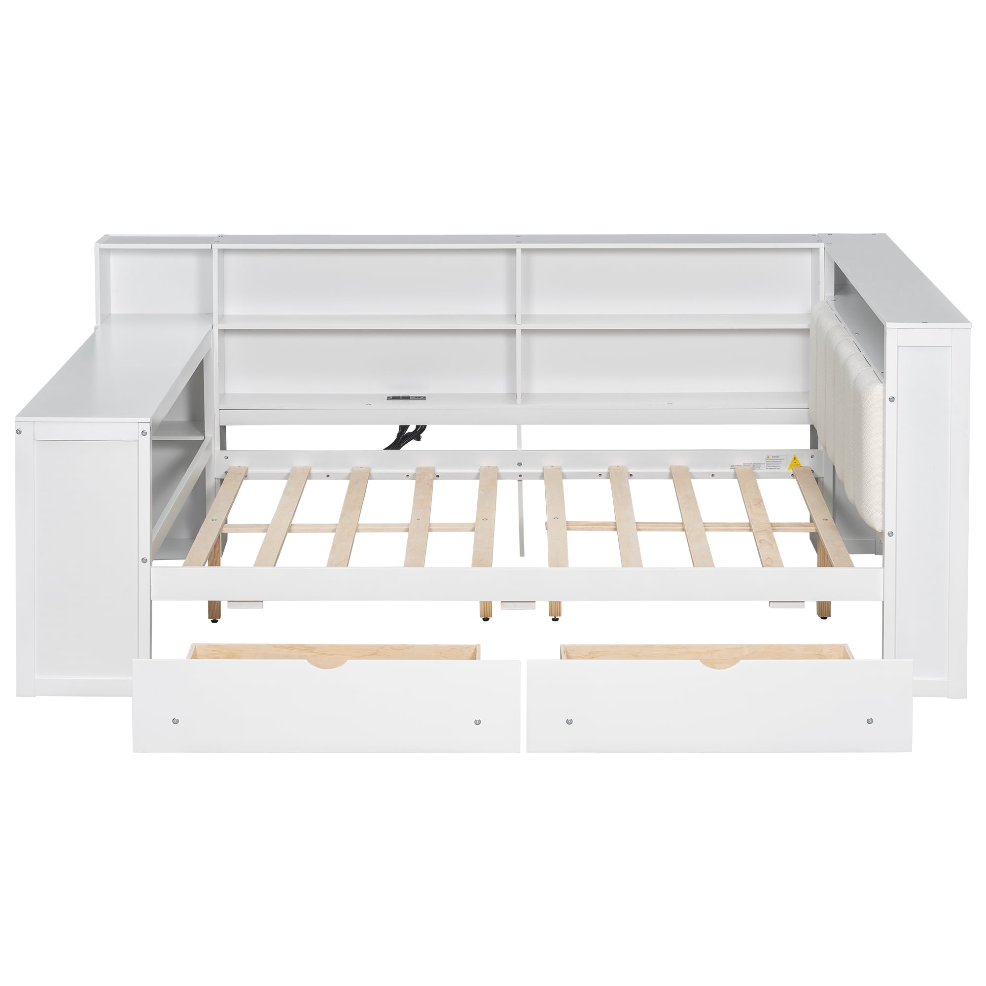 Euroco Wood Full Size Daybed with Desk and Shelves, Captain Bed with Upholstered Headboard, LED Light and USB Charging, White