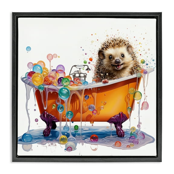 Stupell Industries Happy Hedgehog Bubble Bath Bath & Laundry Painting Black Floater Framed Canvas Art Print Wall Art, 18 x 18