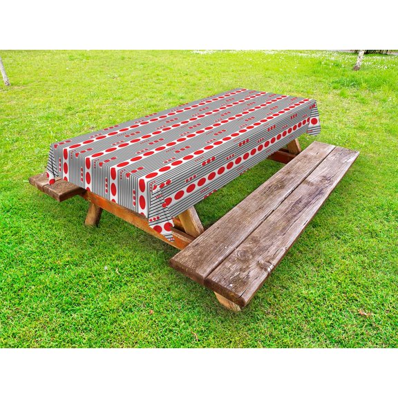 Modern Outdoor Tablecloth, Vertical Black Stripes and Big and Small Circles Minimal Lattice Grid, Decorative Washable Fabric Picnic Table Cloth, 58 X 84 Inches,Vermilion Black White, by Ambesonne