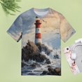 thumbnail image 4 of Lighthouse Sunrise Coast Scenery Pale Blue Tan Women's Short Sleeve Tops Casual Blouses T Shirt, 4 of 6