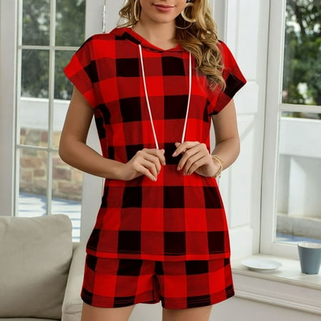 

Women Hooded Casual Home Printing Short Sleeves Pajamas 2 Piece Sports Suit