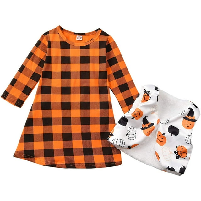 ITFABS 2 Pcs Tenue d'Halloween pour Enfants, Robe à Carreaux + Gilet Citrouille Dessin Animé