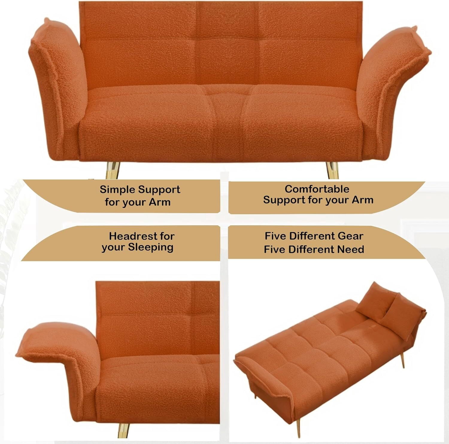 AENKYO 70-in Teddy Velvet Foldable Futon Sofa Bed, 3-in-1 Adjustable Sleeper Couch, Orange