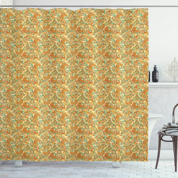 Ambesonne Floral Shower Curtain, Doodle Curling Flowers Art, 69"Wx70"L, Orange Dark Seafoam
