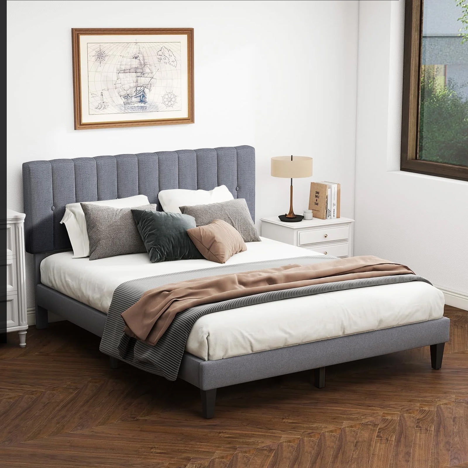 Queen Bed Frames with Headboard, Upholstered Platform Bed with Wood Slats 800 lbs Support , Noise Free, No Box Spring Needed, Gray