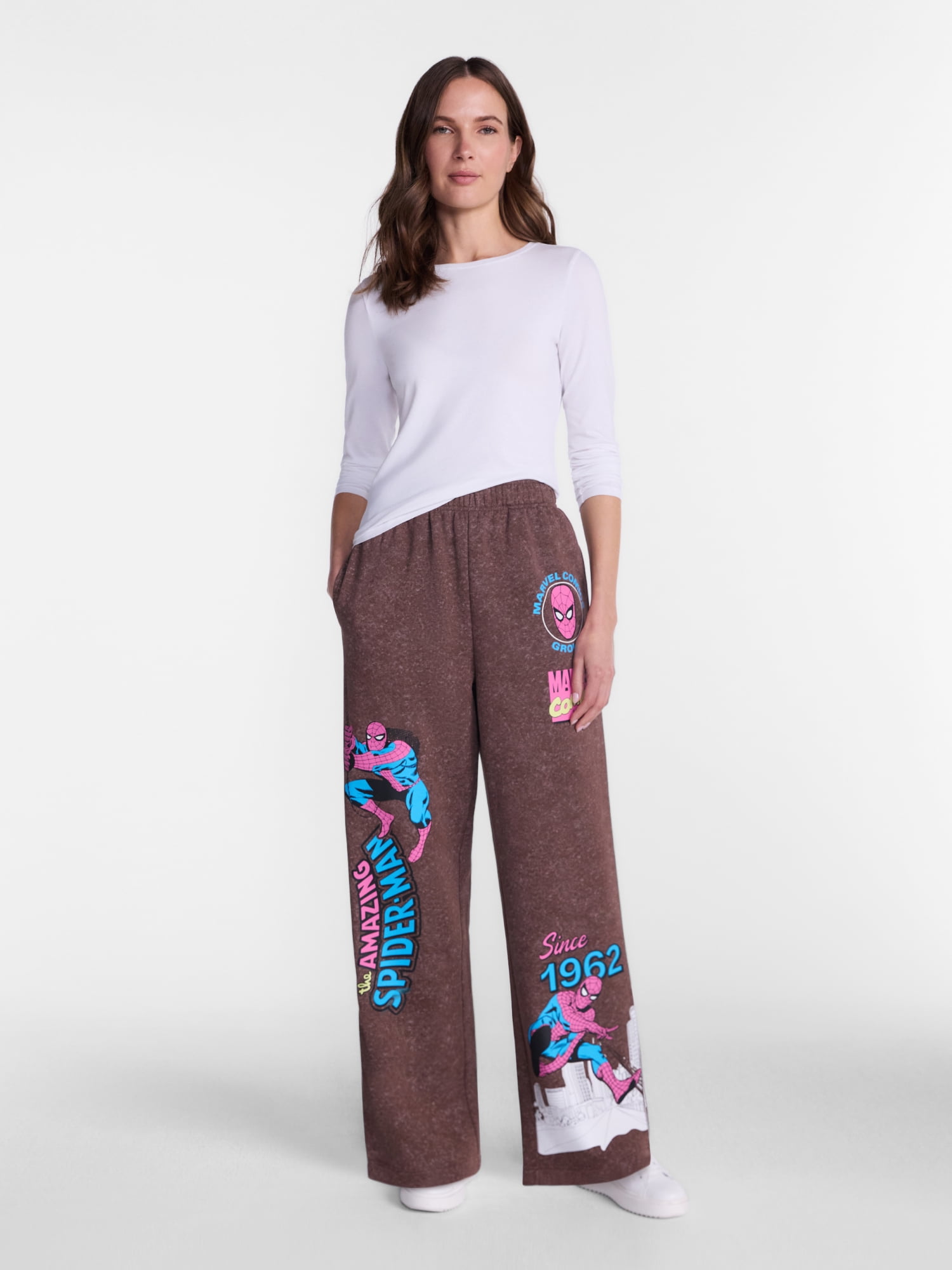 Marvel Spider-Man Women's Fleece Washed Graphic Wide Leg Jogger Pants, Sizes XXS-XXL