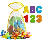 Karids Toddlers ABC Bath Toys - Premium Eva Foam Floating Alphabet and Numbers with 5 Animal Characters - 6 Vibrant Colors of Caps and Lowercase Letters 1Mesh Bag Toy Holder Organizer | 77 Pack