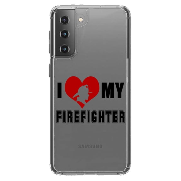 DistinctInk Clear Shockproof Hybrid Case for Galaxy S21  PLUS 5G (6.7" Screen) - TPU Bumper Acrylic Back Tempered Glass Screen Protector - I Heart My Firefighter