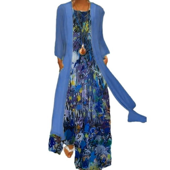 ibuvkizy Summer Dresses for Women Plus Size,Women Casual Floral Print Sleeveles Dress Solid Chiffon Two-Piece Set,Holiday Party Beach Dress,Gifts for Women