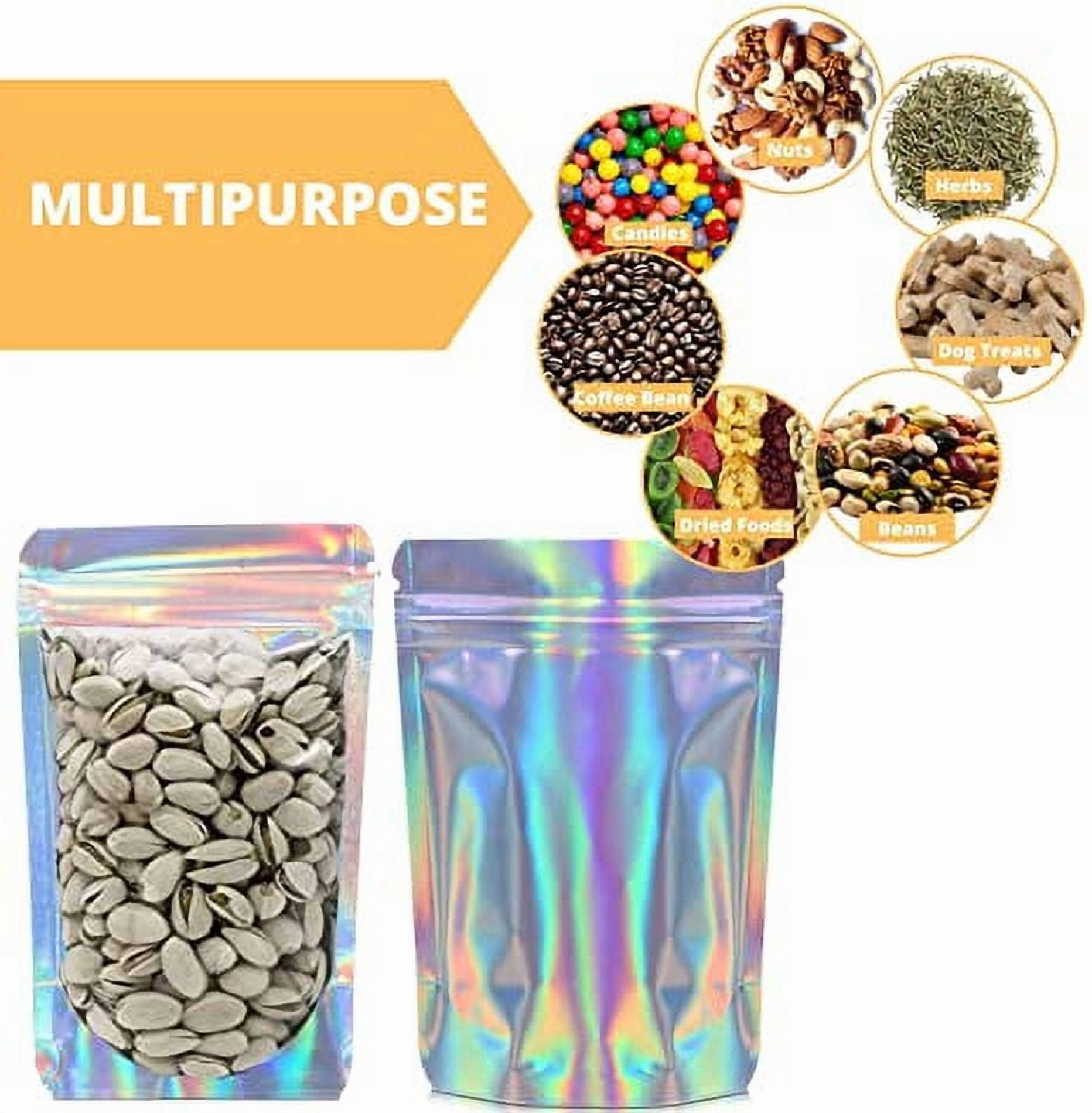 100 Pack of Holographic Resealable Food Bags, 7 x 10 Resealable Smell Proof Mylar Bags, Clear Front Window with Aluminum Foil Back, Waterproof Pouch Ziplock Bags for Food Storage and Packaging
