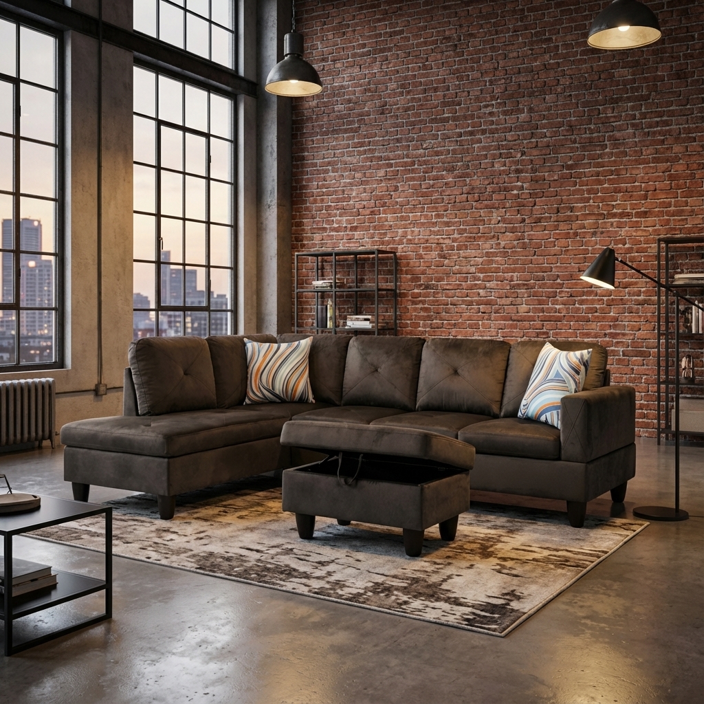 Prilinex L-Shaped Sectional Sofa with Chaise and Storage Ottoman, 3-Piece Flannel Sofa for Living Room Furniture Sets and Apartments, Grey