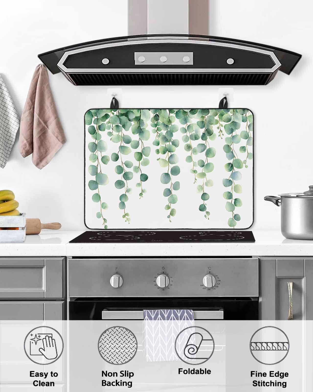 nqOlkjepod Large Induction Cooktop Protector Mat 24"x21", Spring Eucalyptus Leaf Stove Top Covers for Electric Stove, Simple Botanical Branches Vines Stove Burner Cover Mats, Glass Top Stove Cover
