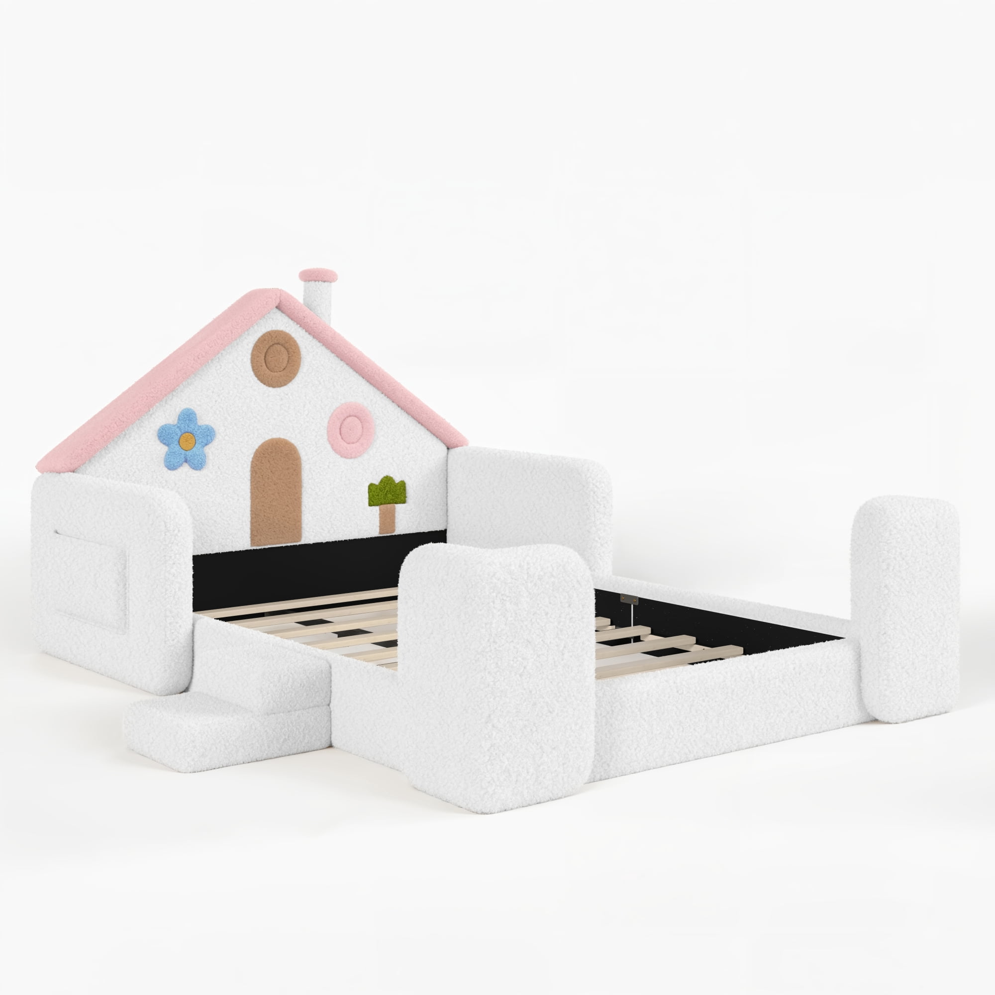 HOQBN Full House Shaped Upholstered Floor Bed, Upholstered Kids Bed with Safety Side Rails, Low Floor Playhouse Bed for Nursery & Kids Bedroom White & Pink