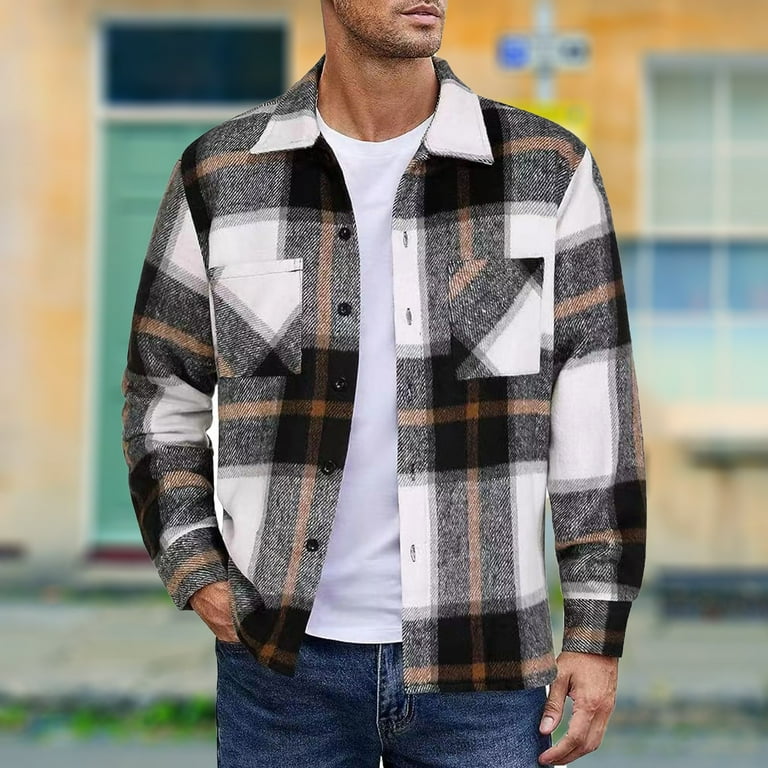 Mens Pique Shirts Tops Long Sleeved Plaid Jackets Outdoor