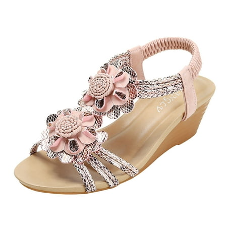 

SEMIMAY Fashion Summer Women Sandals Wedge Heel Open Toe Flowers Elastic Strap Roman Style