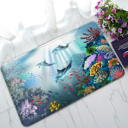 PHFZK Cute Animal Doormat, Underwater World with Dolphins and Plants Doormat Outdoors/Indoor Doormat Home Floor Mats Rugs Size 30x18 inches