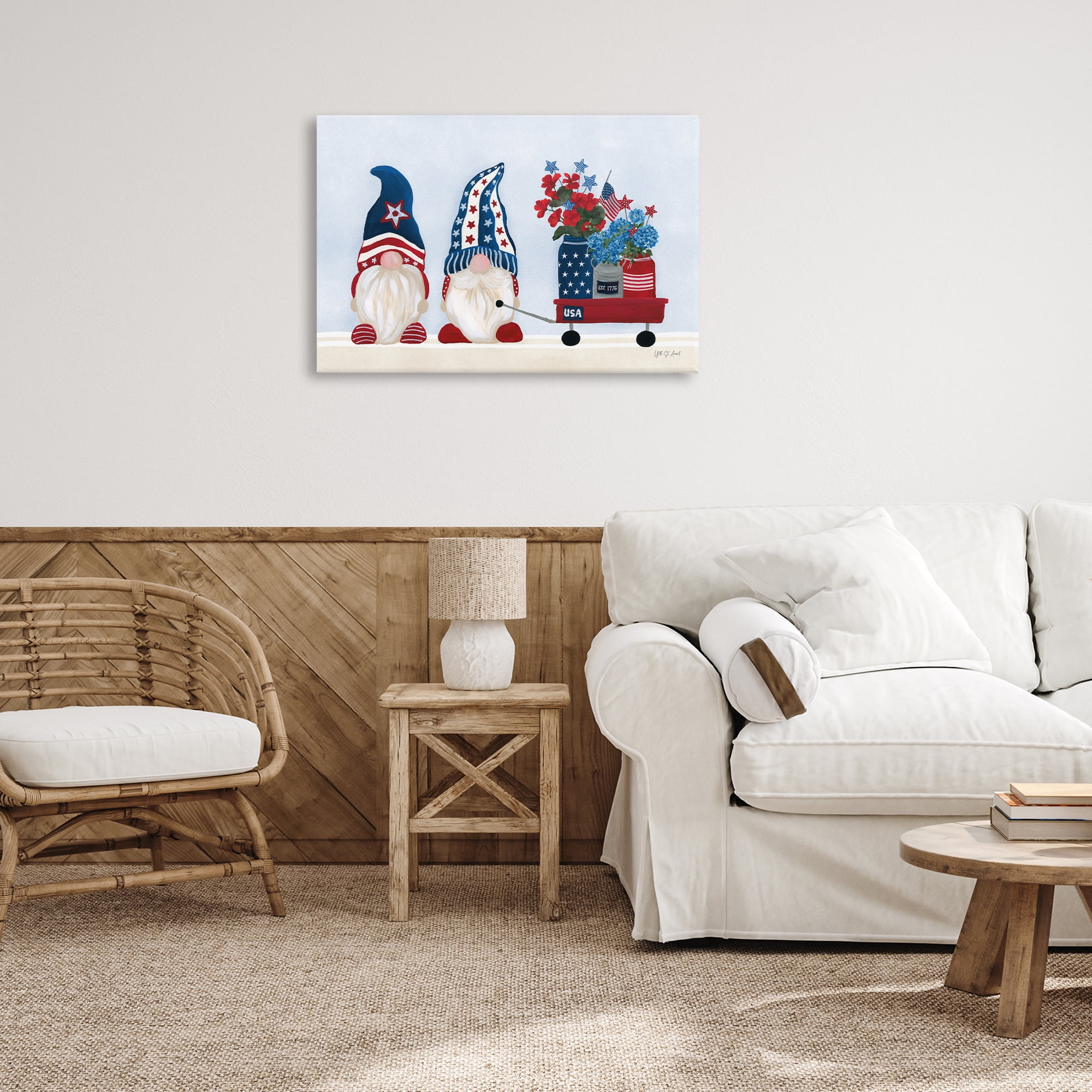 Stupell Industries American Gnome & Wagon Patriotic Painting Wrapped Canvas Art Print Wall Art, 30 x 20