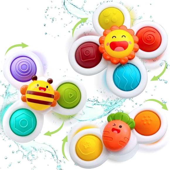 Jouets Toupies à Ventouse pour Tout-Petits 1-3 – Ensemble de 3 Toupies Sensorielles pour le Bain, la Chaise Haute et la Table – Développement Amusant de la Motricité Fine
