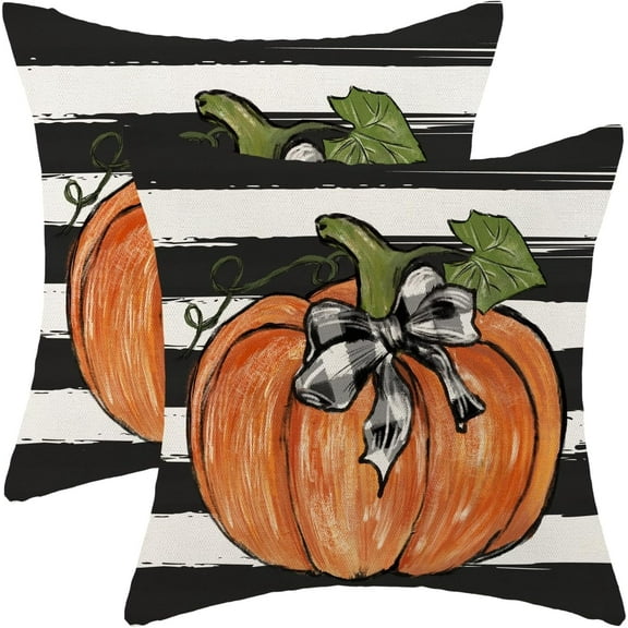 Fall Pillow Covers 18x18 Set of 2 Pumpkin Maple Leaves and Stripes Fall Decor Pillowcase Linen Autumn Thanksgiving Decorative Outdoor Throw Pillow Covers Farmhouse Cushion Case for Couch Home
