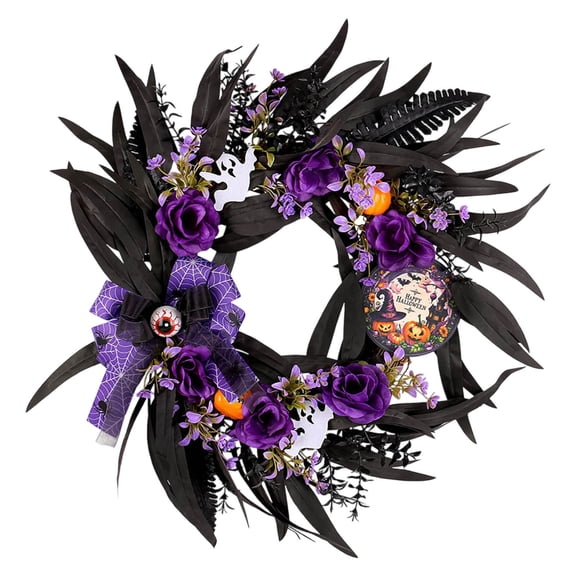 HHBEAUTY 19.7X17.7inch Artificial Halloween Black Wreath Red and Black Fake Roses Wreath with Eyeball & Feather Gothic Horror Wreaths for Home Front Door and Window Party Decoration