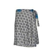 Mogul Women Silk Wrap Around Skirt Two Layer Reversible Blue Printed Premium Magic Short Skirts