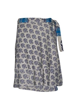 Mogul Women Silk Wrap Around Skirt Two Layer Reversible Blue Printed Premium Magic Short Skirts