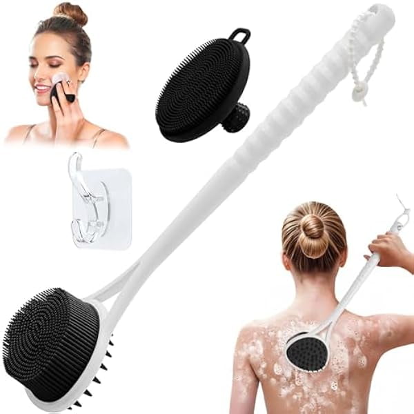 wonima11 Silicone Back & Face Scrubber Set, 15.35’’ Soft Back Scrubber for Shower with Dual-Side Brush Head, Gentle Silicone Facial Scrubber Face Brush for Deep Lathering & Cleansing(Black-2PCS)