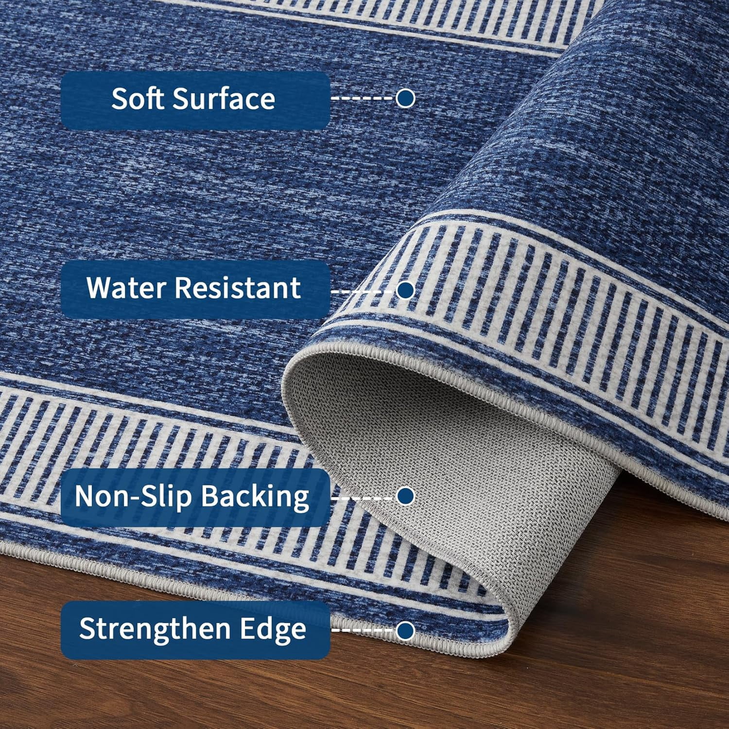 Memoryfield Modern Bordered 8' x 10' Area Rug, Washable Soft Non Slip Low Pile Stain Resistant Carpet Rugs, for Living Room Dining Room, Blue