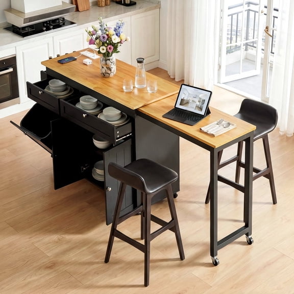 ROGALIS Rolling Kitchen Cart w/Extendable Dining Table, 81.7" Mobile Kitchen Storage Islands w/Trash Cabinet, Power Outlet, Spice Rack & Towel Rack, Black
