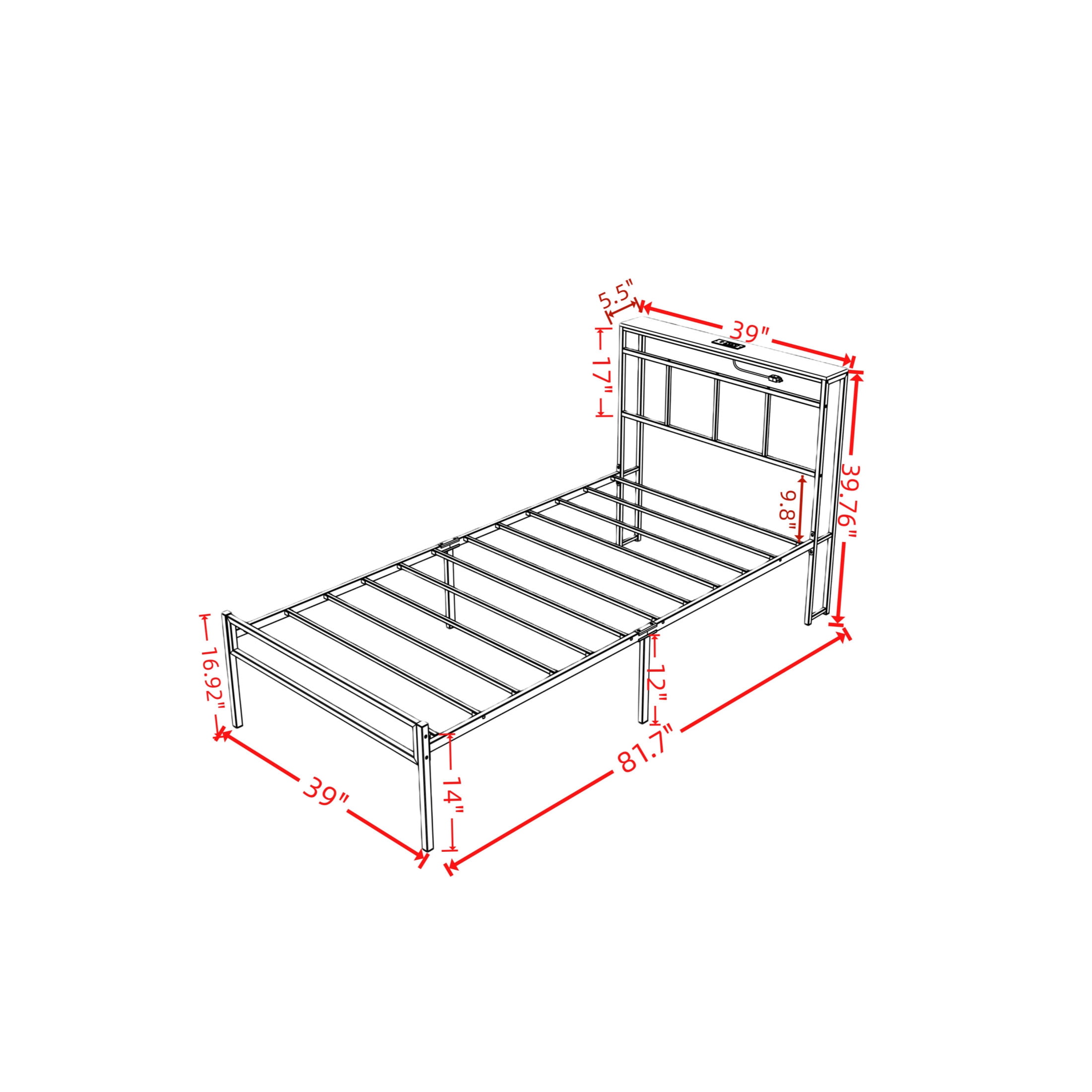 Noble House 14" Twin Bed Frame with Storage Headboard and LED Lights, Metal Platform Bed with Charging Station, Black
