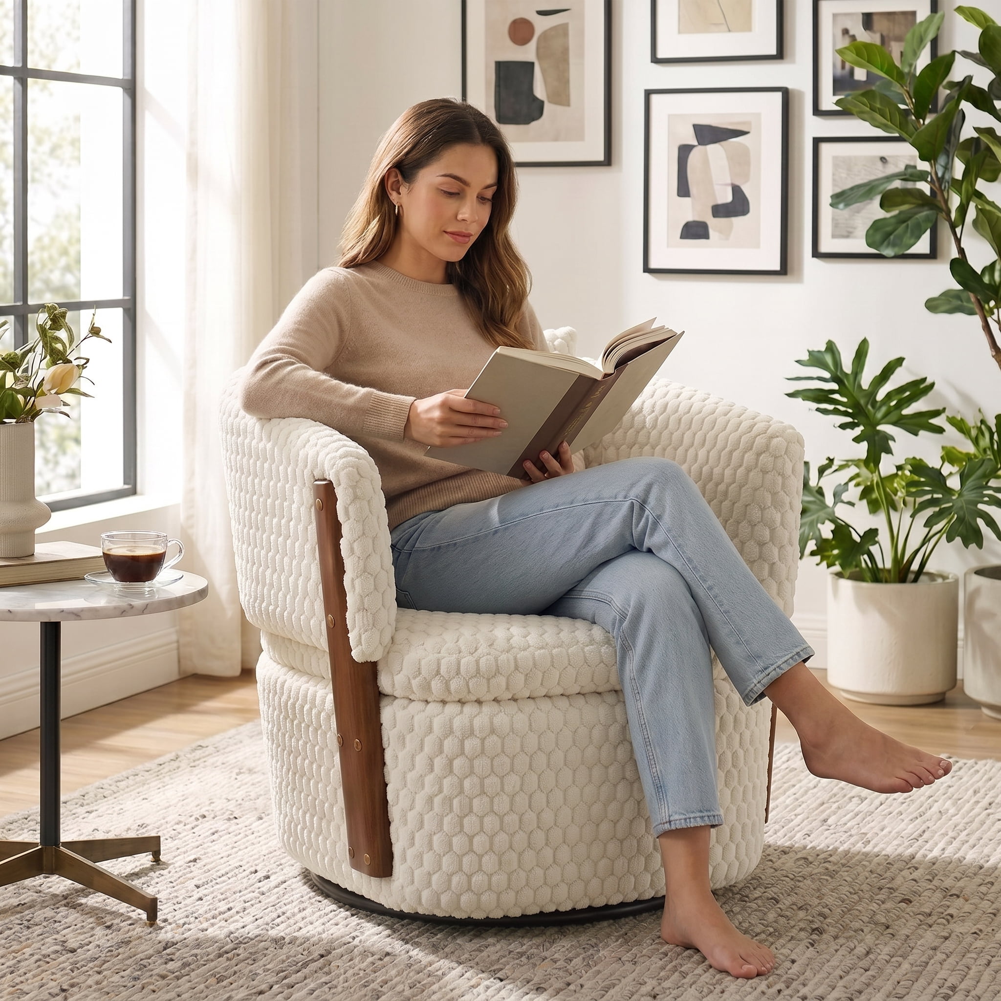Aukfa Mid Century Modern 360 Swivel Accent Barrel Chair with Lumbar Pillow & Hidden Storage,Corduroy,White
