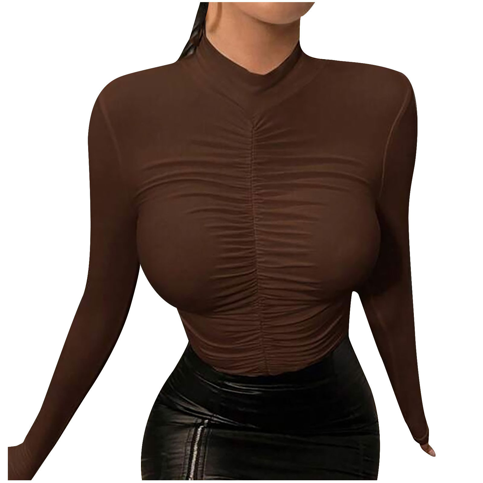Kovlvoll Long Sleeve Tops for Women High Neck Pleated Tight Slim