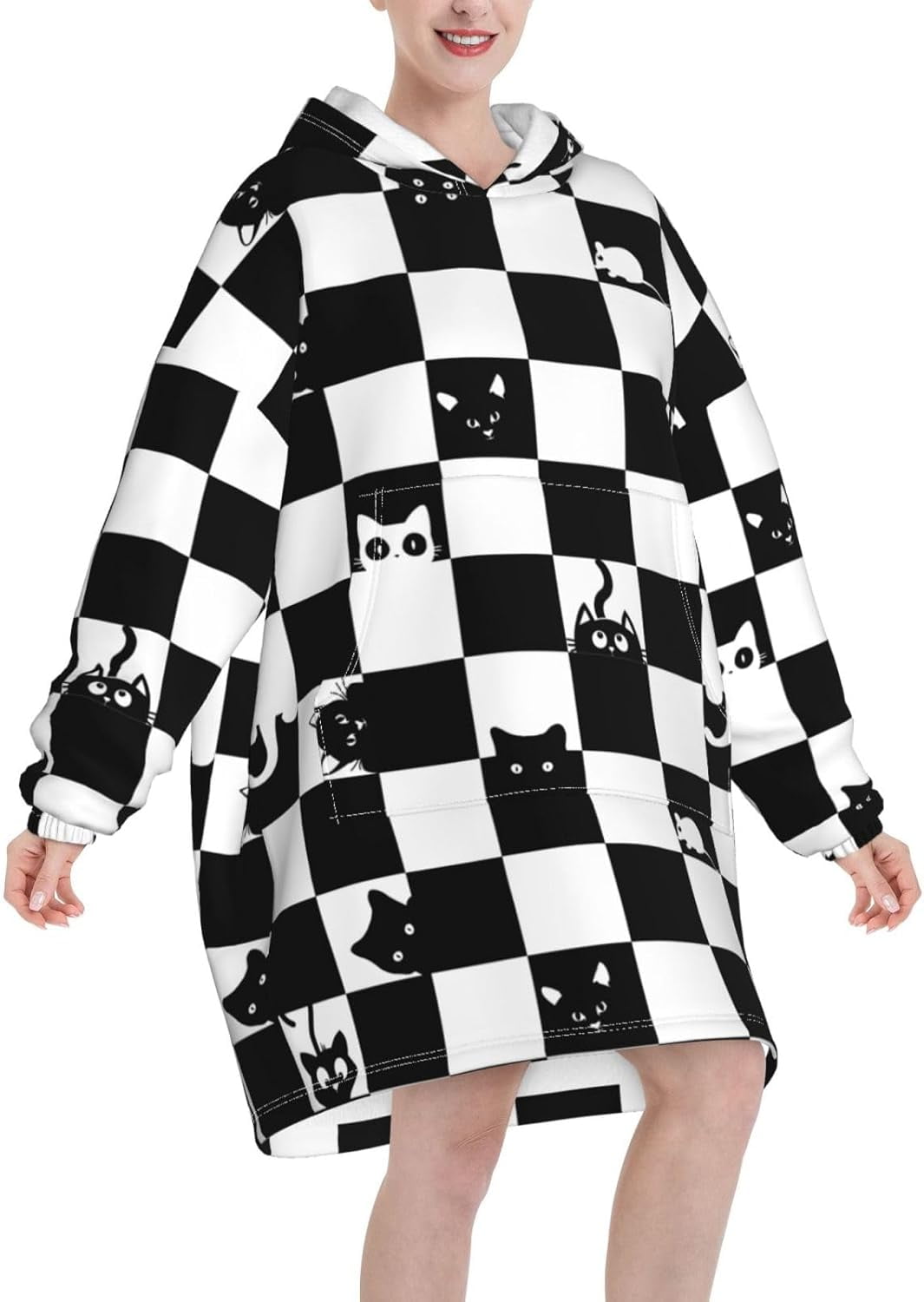 Cat Blanket Hoodie Cute Cartoon Wearable Hooded Blanket Soft Plush Warm Comfy Pajamas Fluffy Sweatshirt Blanket For Women