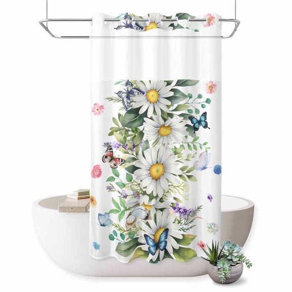 No Hook Shower Curtain, Spring Daisy Leaves Shower Curtains for Bathroom with See Through Top Window, Farmhouse Watercolor Flowers Butterfly Waterproof & Washable Bath Curtain Stand Up Stall 36"x72"
