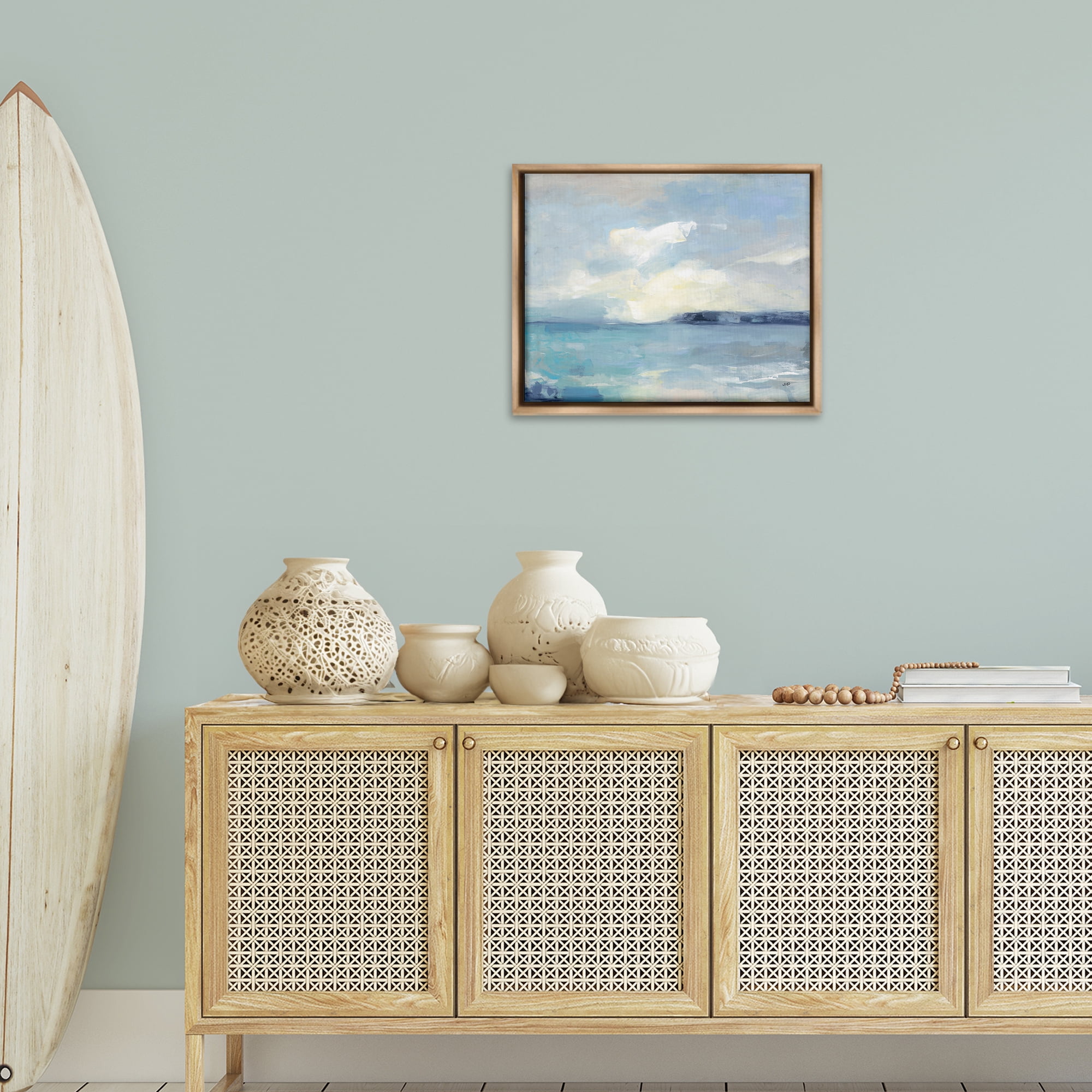Stupell Industries Sunny Peninsula Seascape Landscape & Nature Painting Brown Floater Framed Canvas Art Print Wall Art, 21 x 17