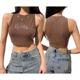 thumbnail image 1 of Txlixc - Camiseta sin mangas para mujer con cuello redondo y diamantes de imitación Txlixc ajustado, 1 of 8