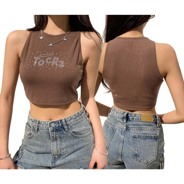 Txlixc - Camiseta sin mangas para mujer con cuello redondo y diamantes de imitación Txlixc ajustado