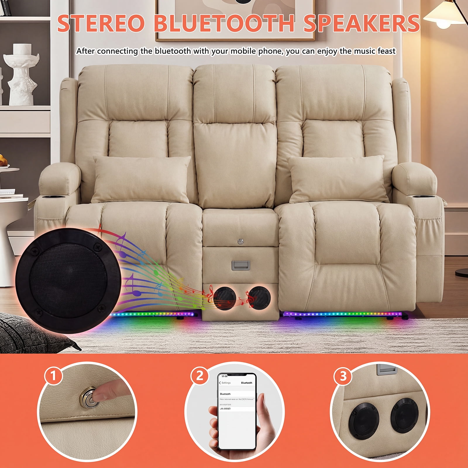 IPKIG Sand Color Power Recliner Loveseat Sofa w/ Massage, Heat, LED Lights, Bluetooth Speakers, USB Ports, Power Outlets Console for Home Theater & RV