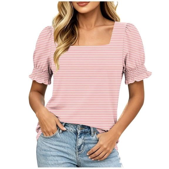 Levmjia Women's Striped Short Sleeve T Shirt Square Neck Casual Summer Top with Flounce Sleeves Vintage Aesthetic Basic Tee for Ladies