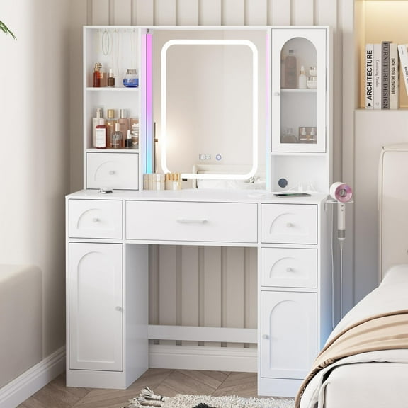 VEANERWOOD White Vanity Desk with Mirror and Lights, Makeup Vanity with RGB Lights and Power Strip, Makeup Desk Vanity Table with 5 Drawers Lots Storage & Time Display,41.3in(L)