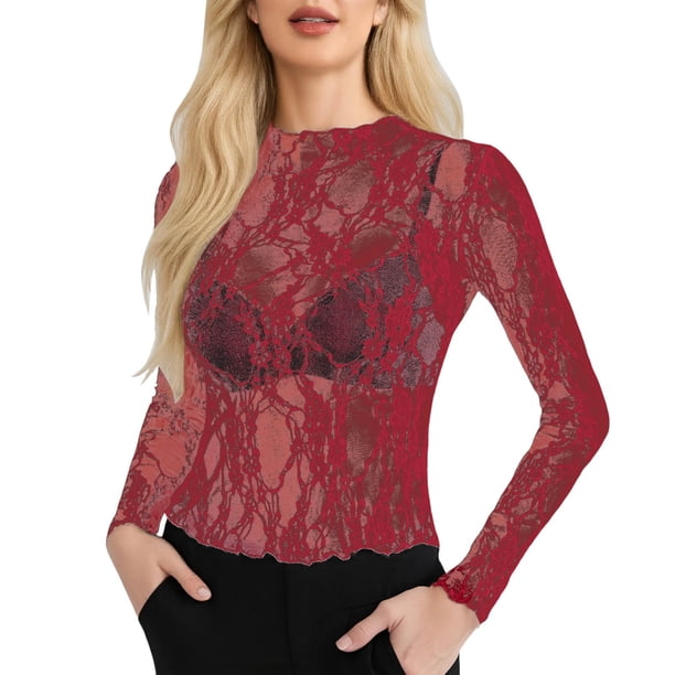 Top de malla de manga larga para mujer: blusa transparente con cuello alto, tops de encaje floral transparente, 95 % poliéster, 5 % spandex, tallas S-XXL