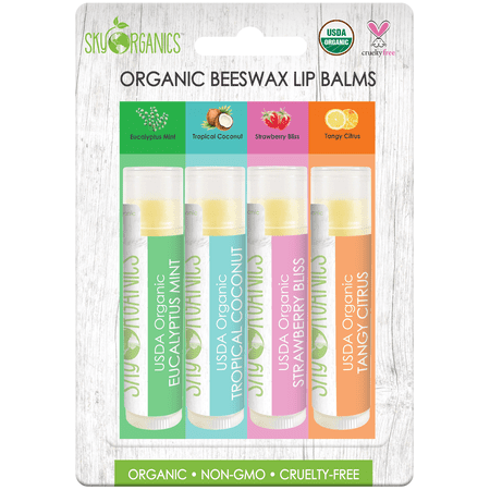 100% Natural Organic Lip Balm Set - 4 Tubes Best Flavors - Made With Beeswax Coconut Oil Vitamin E. Lip Butter Chapstick for Dry Lips- For Adults and Kids Lip Repair. Made In